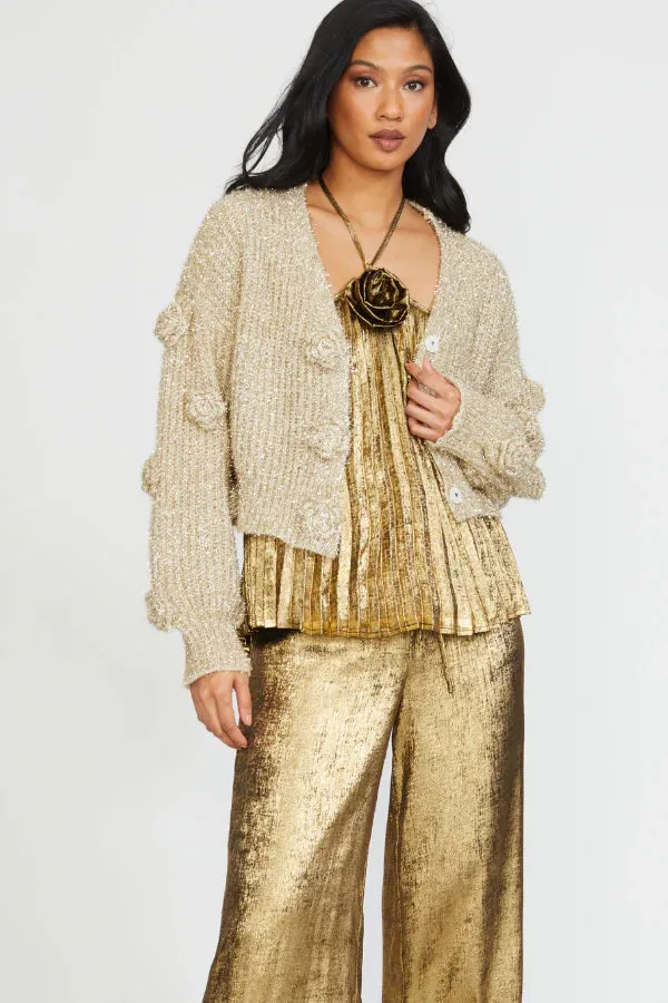 Flower Applique Lurex Cardigan - Gold