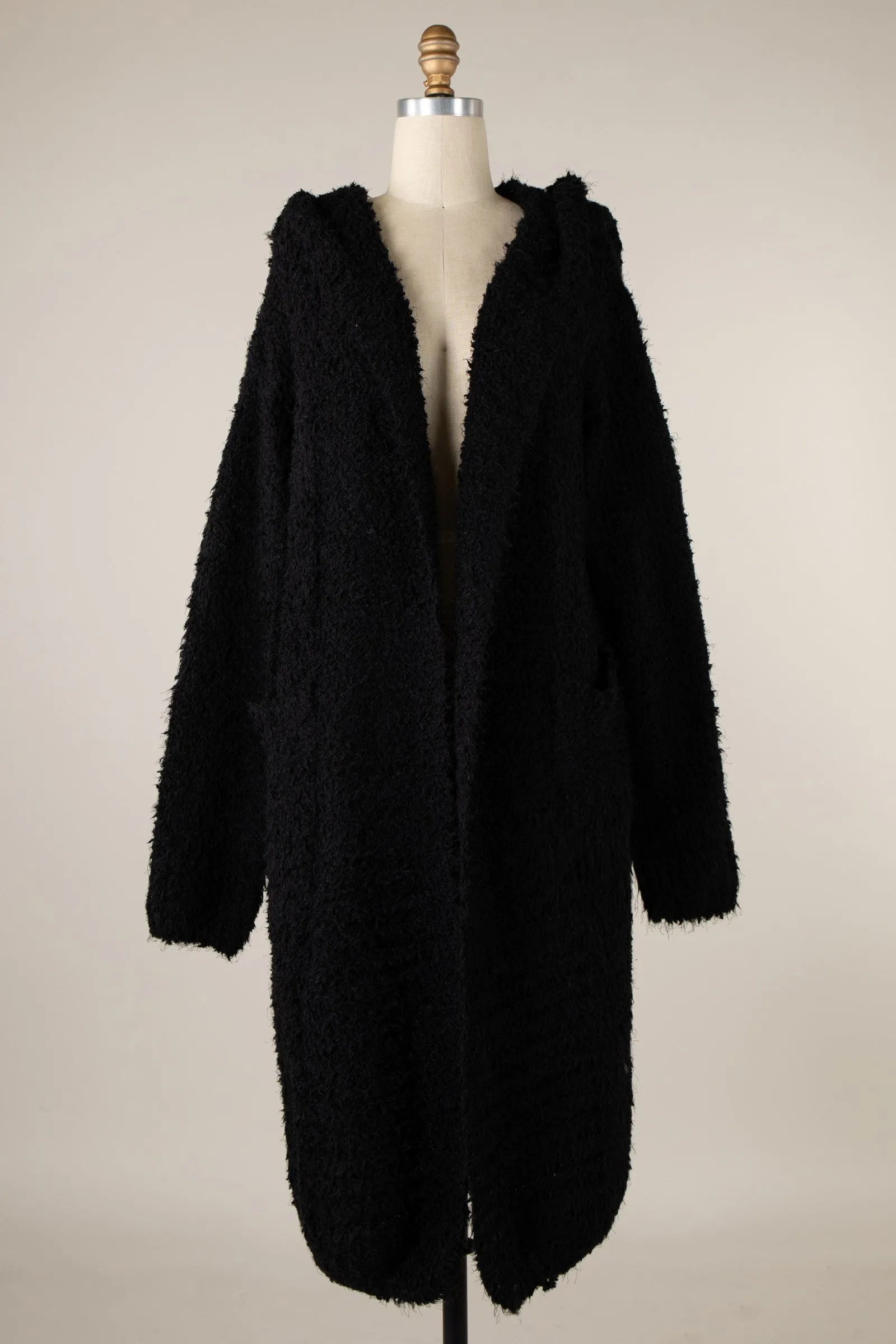 Fuzzy Fluffy Hooded Long Cardigan With Pockets