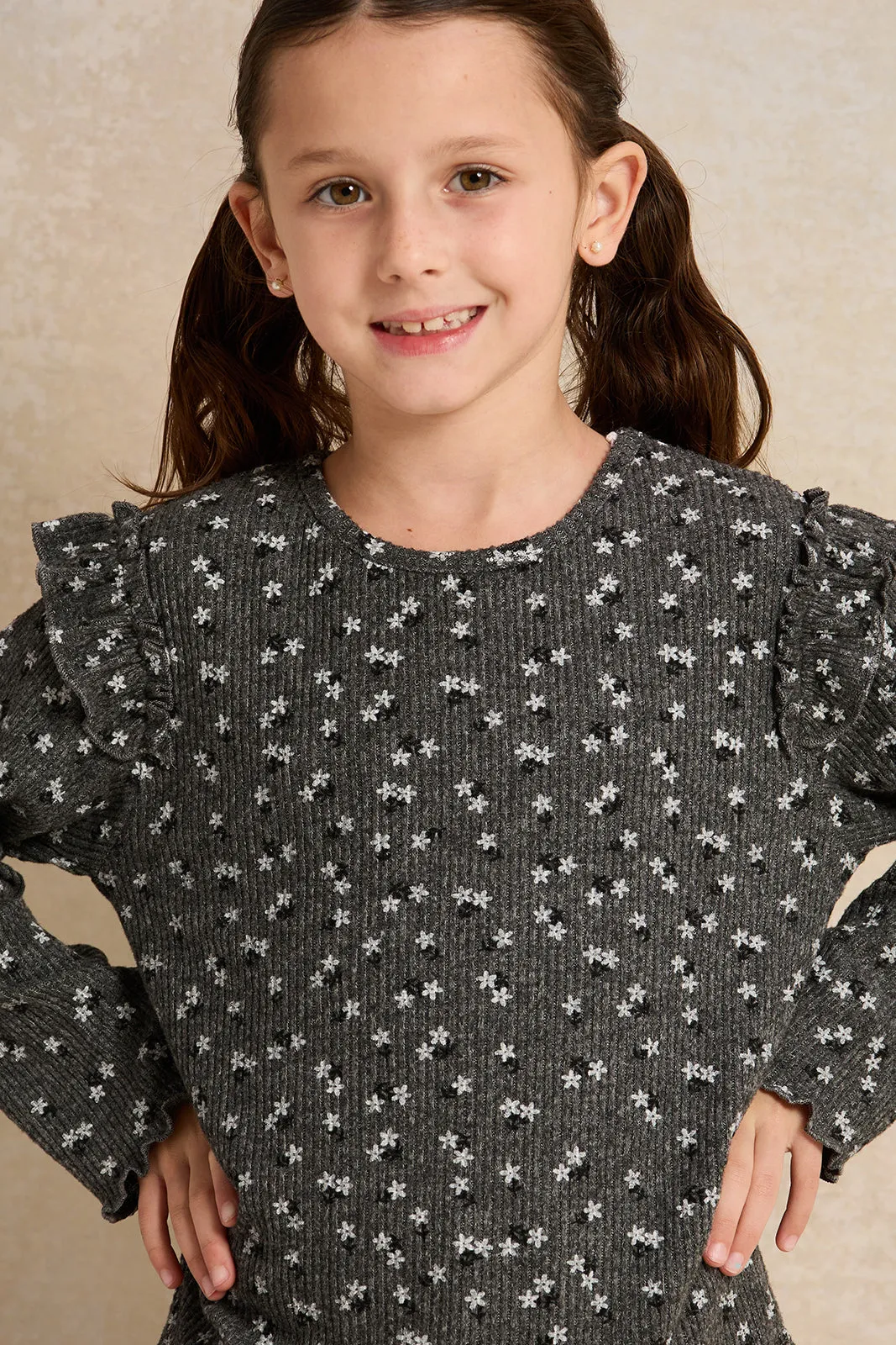 Girls Charcoal Printed T-Shirt