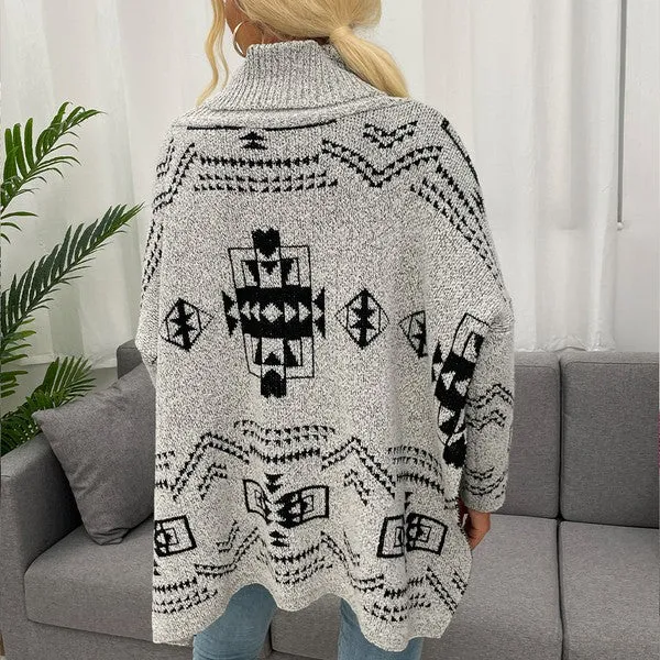 Grey Geo Pattern Turtleneck Drop Shoulder Sweater