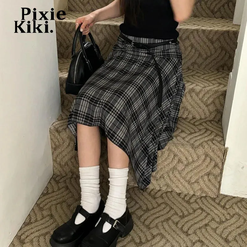 Grey Plaid Irregular Skirts Womens 2024 Fall School Girl Preppy Style Vintage Midi Skirt P84-BI20