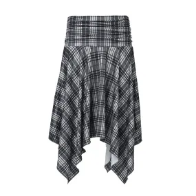 Grey Plaid Irregular Skirts Womens 2024 Fall School Girl Preppy Style Vintage Midi Skirt P84-BI20