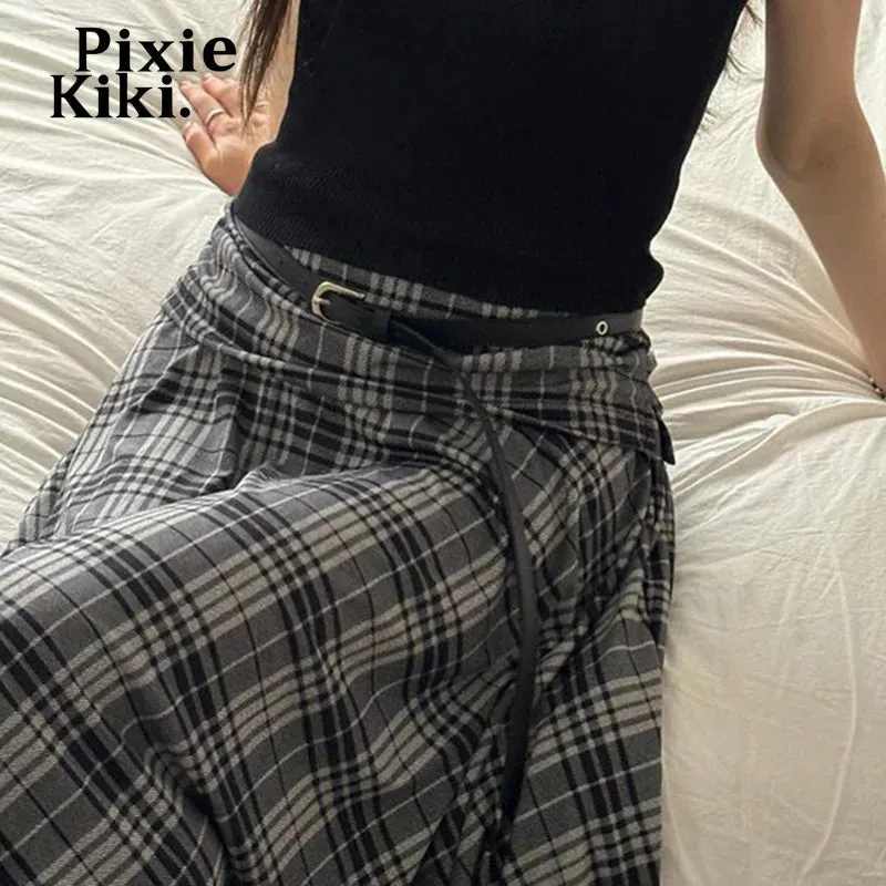 Grey Plaid Irregular Skirts Womens 2024 Fall School Girl Preppy Style Vintage Midi Skirt P84-BI20