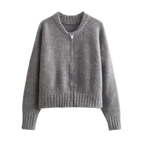 Grey Ribbed Knit Zip-Up Cardigan