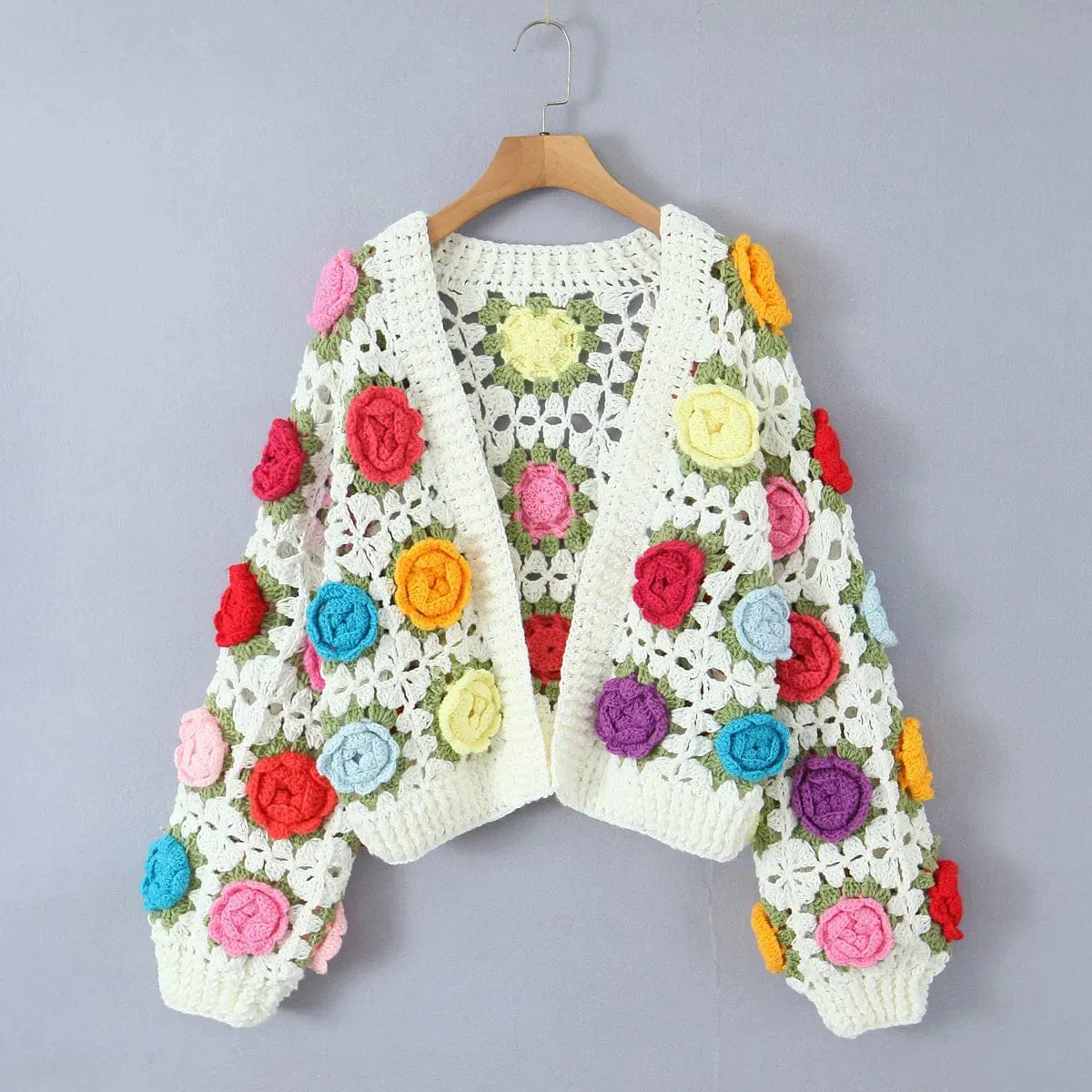 Hand-Crocheted 3D Flower Boho Cardigan