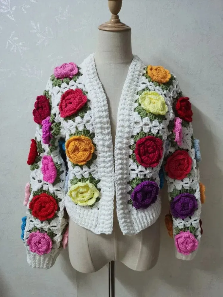 Hand-Crocheted 3D Flower Boho Cardigan