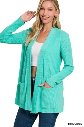 Heathered Ribbed Open Front Cardigan - Turquoise