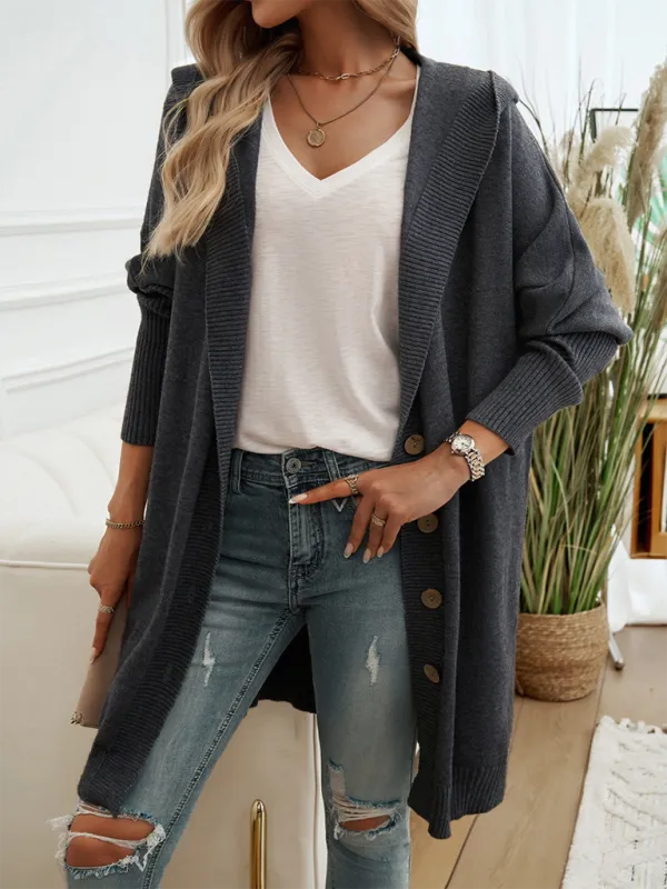 Hooded Oversized Knit Cardigan with Button Closure