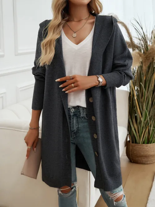 Hooded Oversized Knit Cardigan with Button Closure