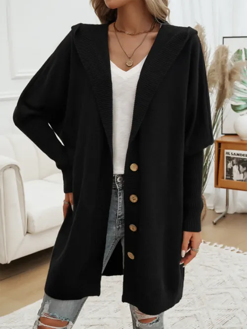 Hooded Oversized Knit Cardigan with Button Closure