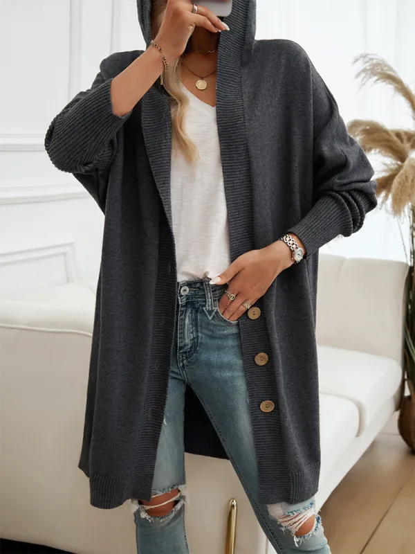 Hooded Oversized Knit Cardigan with Button Closure