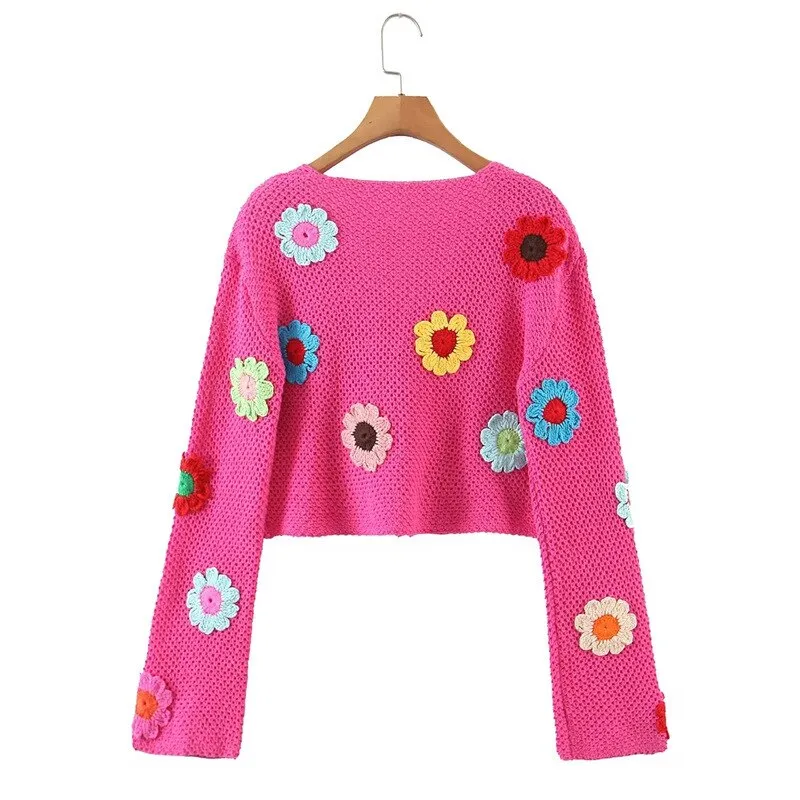 Hot Pink Crochet Cardigan With Multi Colored Daisies Boho Tie Front Festival Sweater With Embroidery Flowers One Size See Our Matching Skirts And Hats!