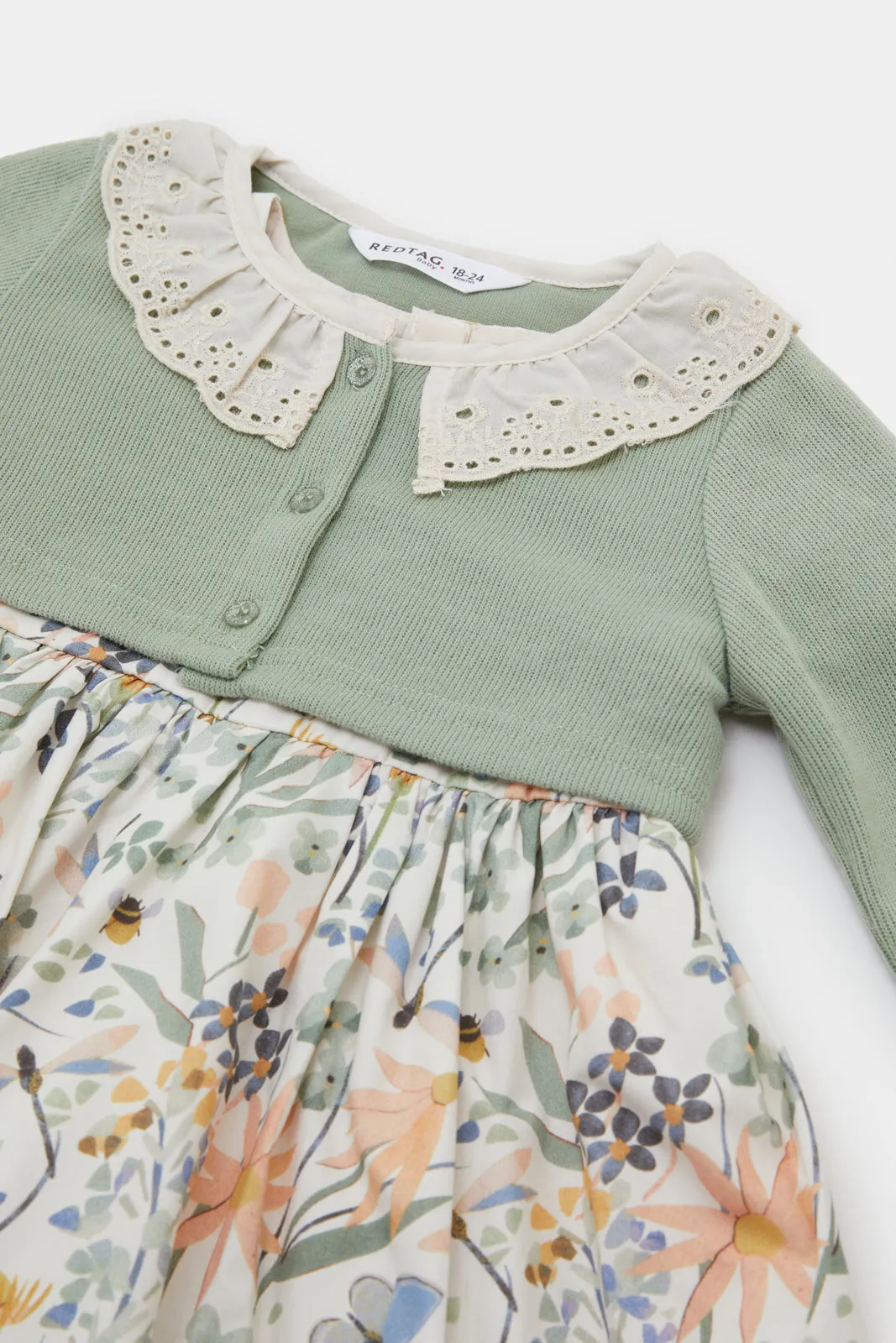 Infant Girls Ivory And Mint Dress With Cardigan (2 Piece)