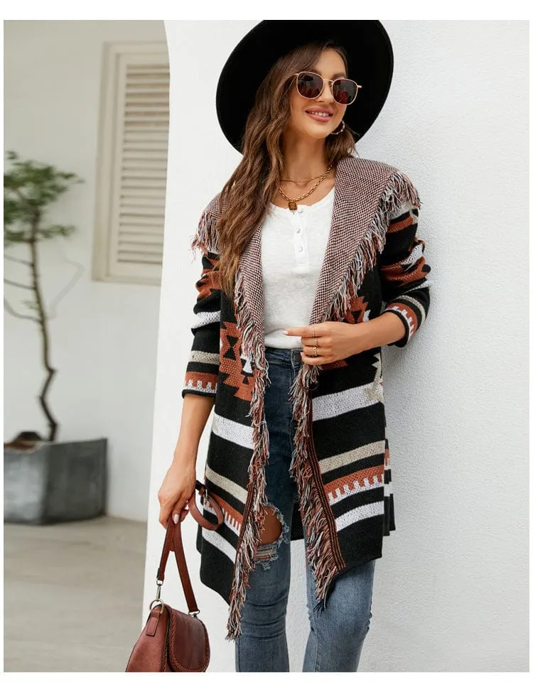 Itzel Aztec Open Front Fringe Cardigan