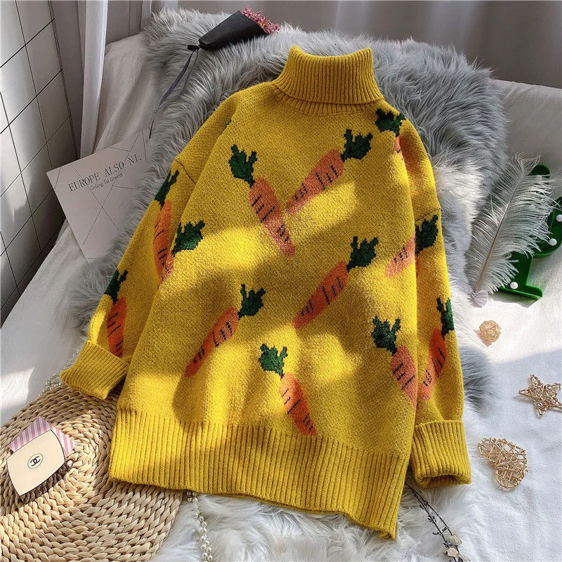 Joskaa Christmas Gift EBAIHUI Knitted Sweater Women Carrot Pattern Long Sleeve Pullover Loose High-necked Blue Yellow Sweater Autumn Winter 2020