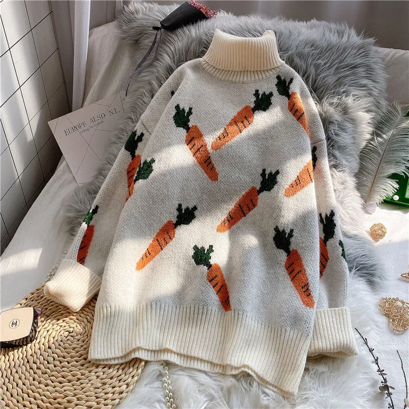 Joskaa Christmas Gift EBAIHUI Knitted Sweater Women Carrot Pattern Long Sleeve Pullover Loose High-necked Blue Yellow Sweater Autumn Winter 2020