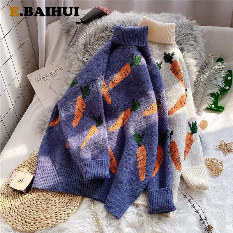 Joskaa Christmas Gift EBAIHUI Knitted Sweater Women Carrot Pattern Long Sleeve Pullover Loose High-necked Blue Yellow Sweater Autumn Winter 2020