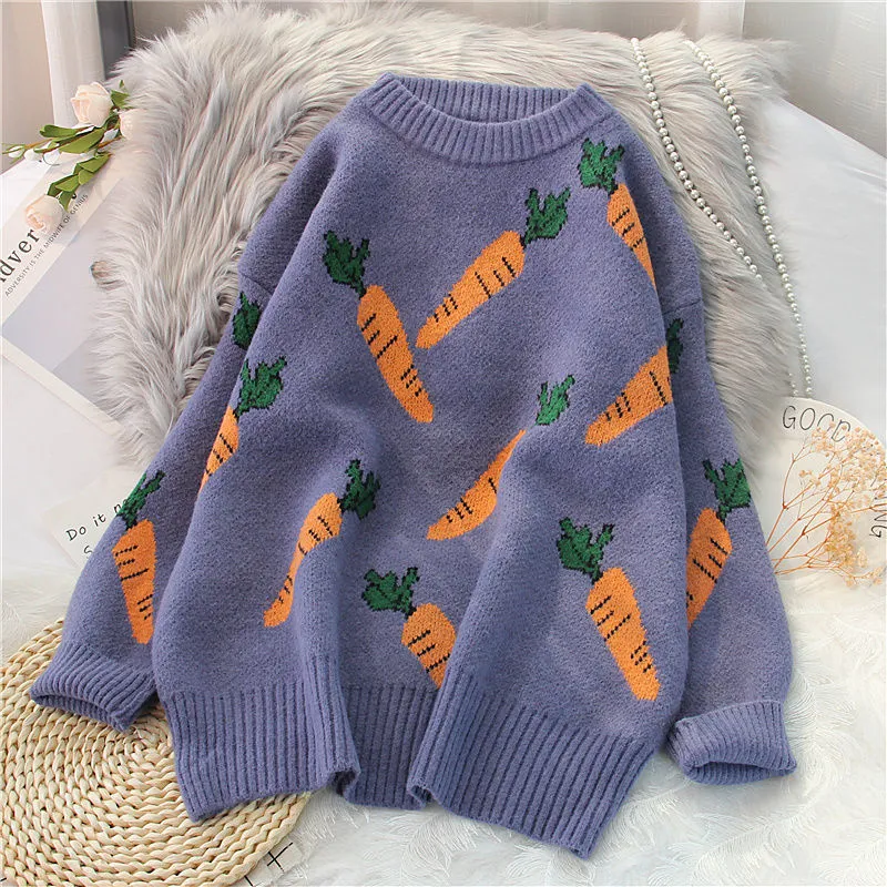 Joskaa Christmas Gift EBAIHUI Knitted Sweater Women Carrot Pattern Long Sleeve Pullover Loose High-necked Blue Yellow Sweater Autumn Winter 2020