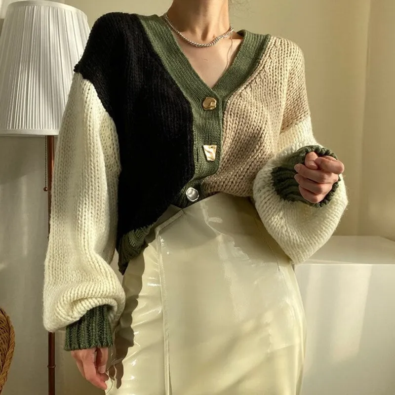 Joskaa Woman Chic Knitting Cardigan Korean Autumn Winter Retro V-neck Button Contrast Color Loose Short Lantern Sleeve Sweater