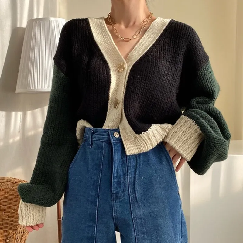 Joskaa Woman Chic Knitting Cardigan Korean Autumn Winter Retro V-neck Button Contrast Color Loose Short Lantern Sleeve Sweater