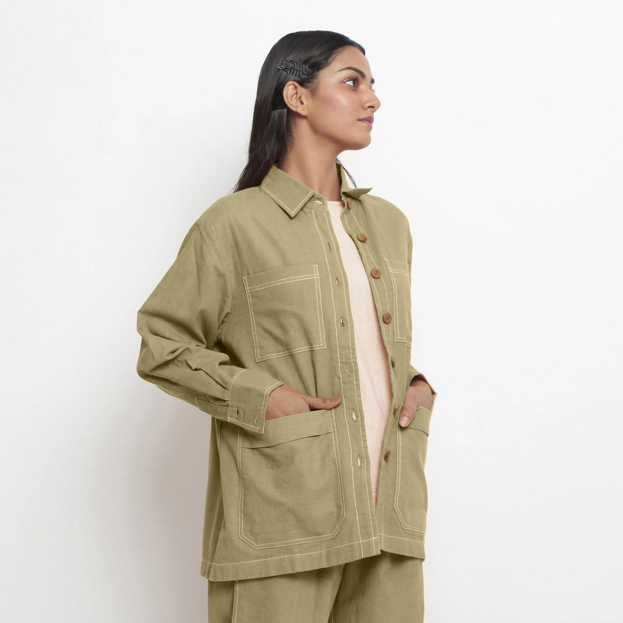 Khakhi Green Handspun Cotton Button-Down Jacket