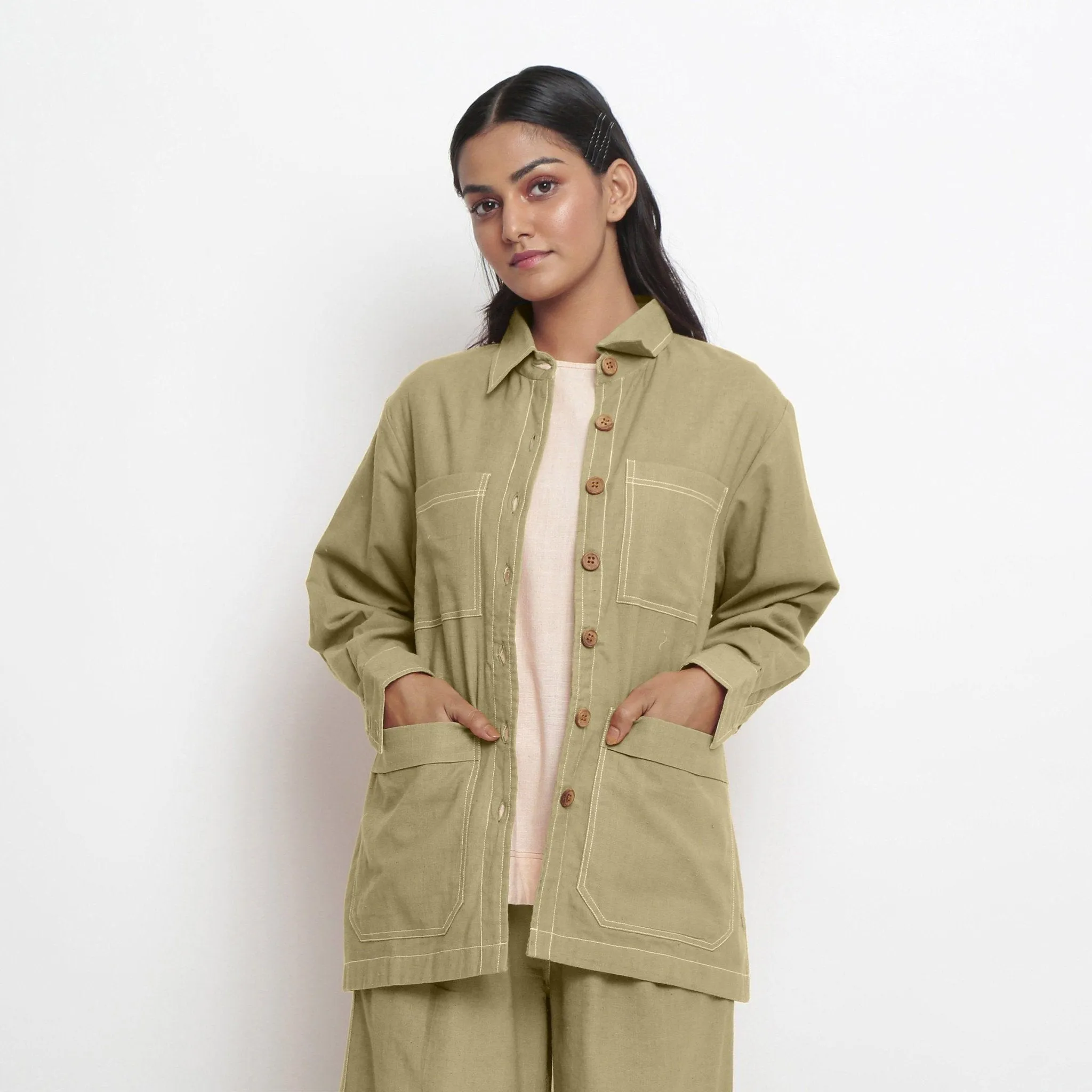 Khakhi Green Handspun Cotton Button-Down Jacket