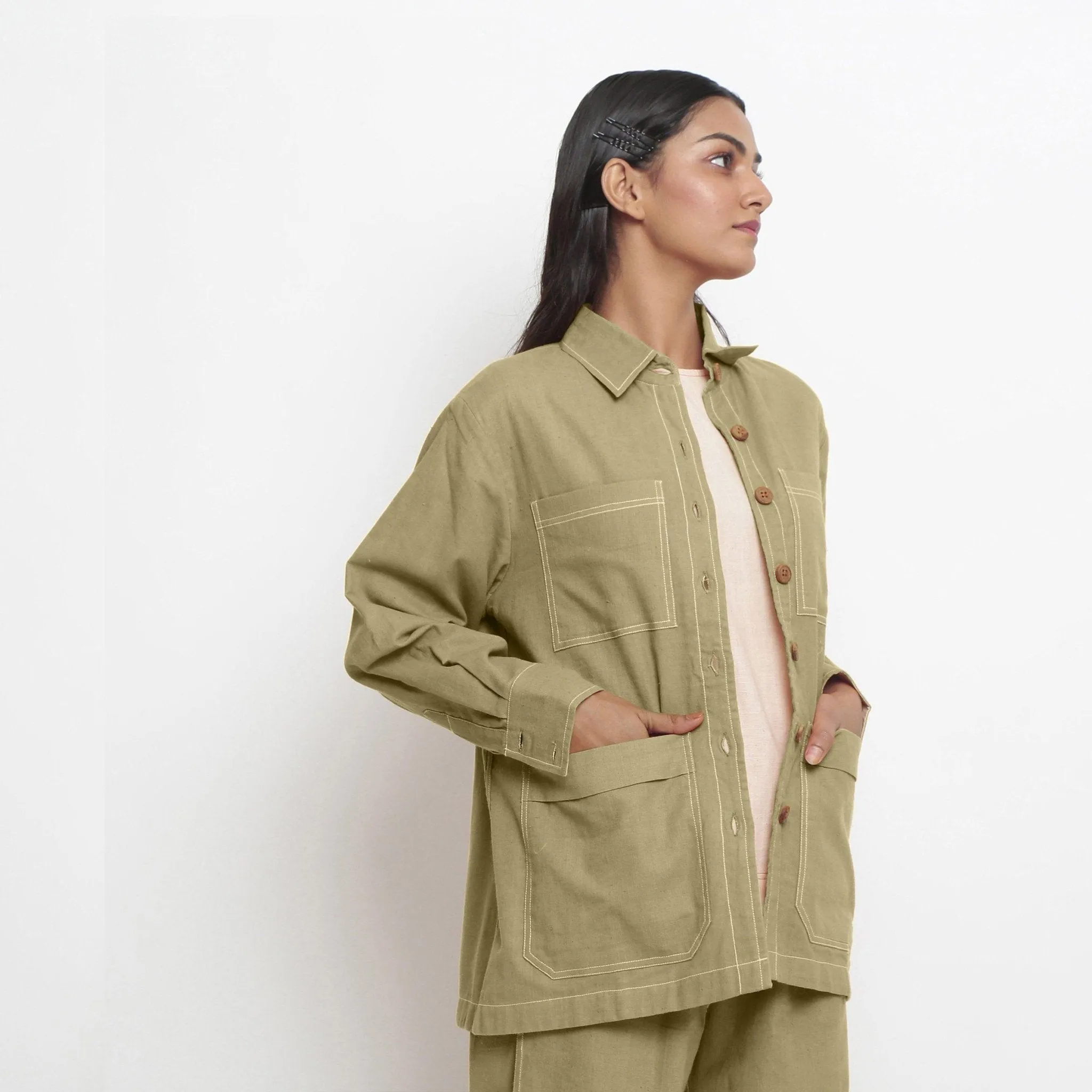 Khakhi Green Handspun Cotton Button-Down Jacket