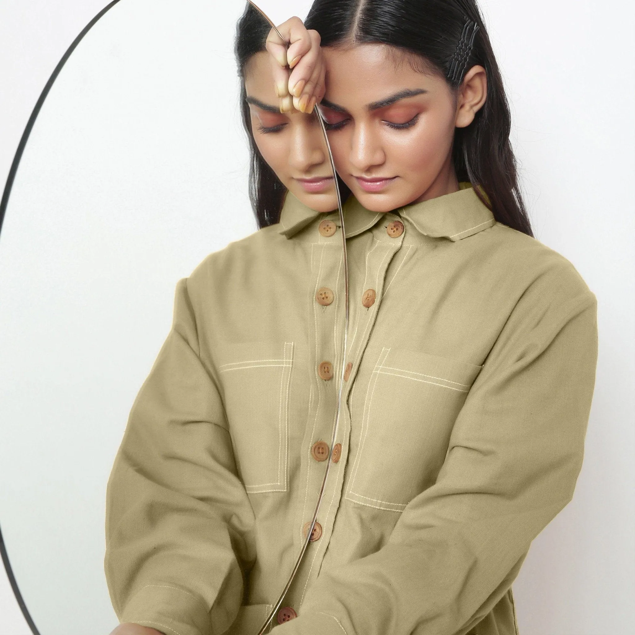 Khakhi Green Handspun Cotton Button-Down Jacket