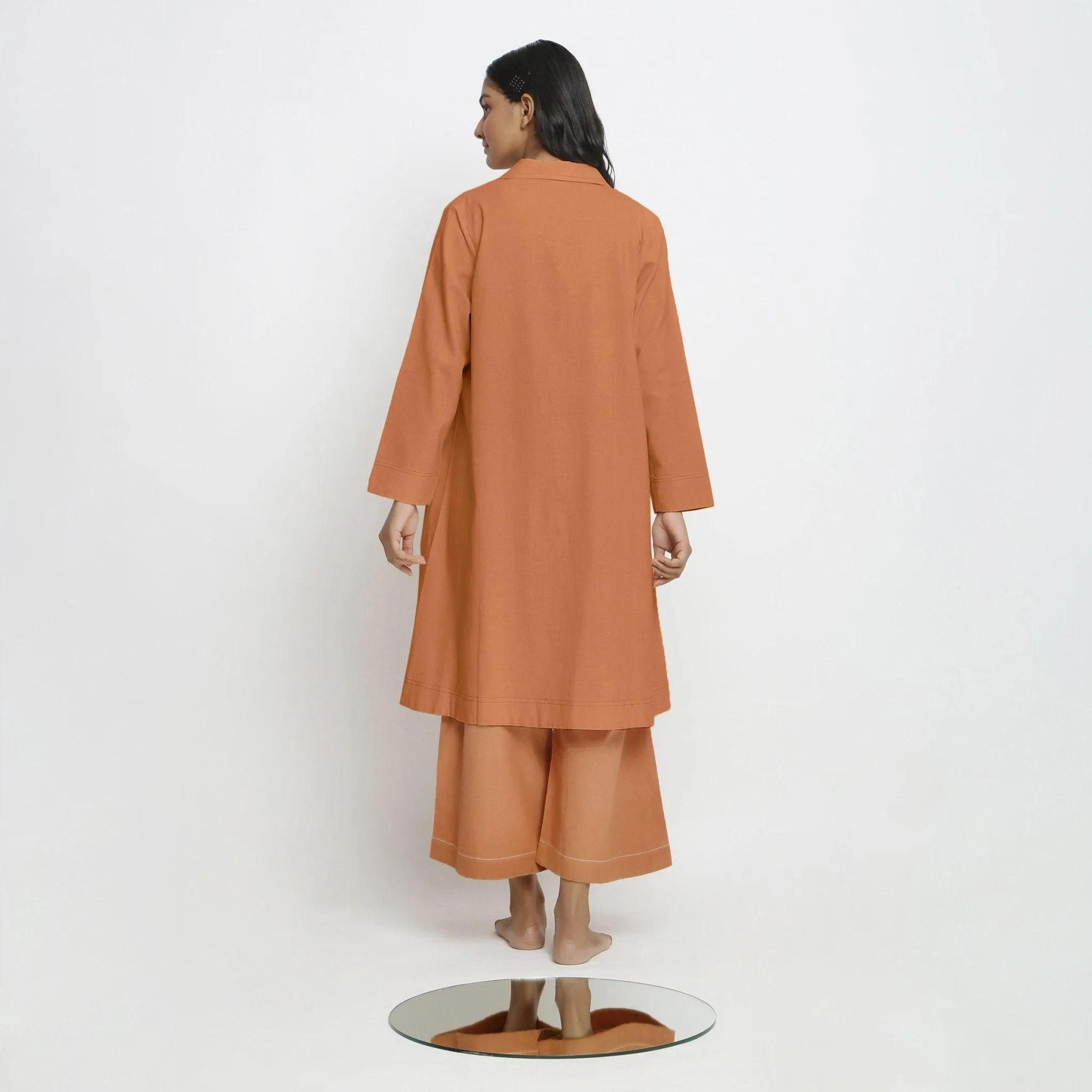 Khakhi Orange Handspun Cotton Notched Collar Front Open Overlay