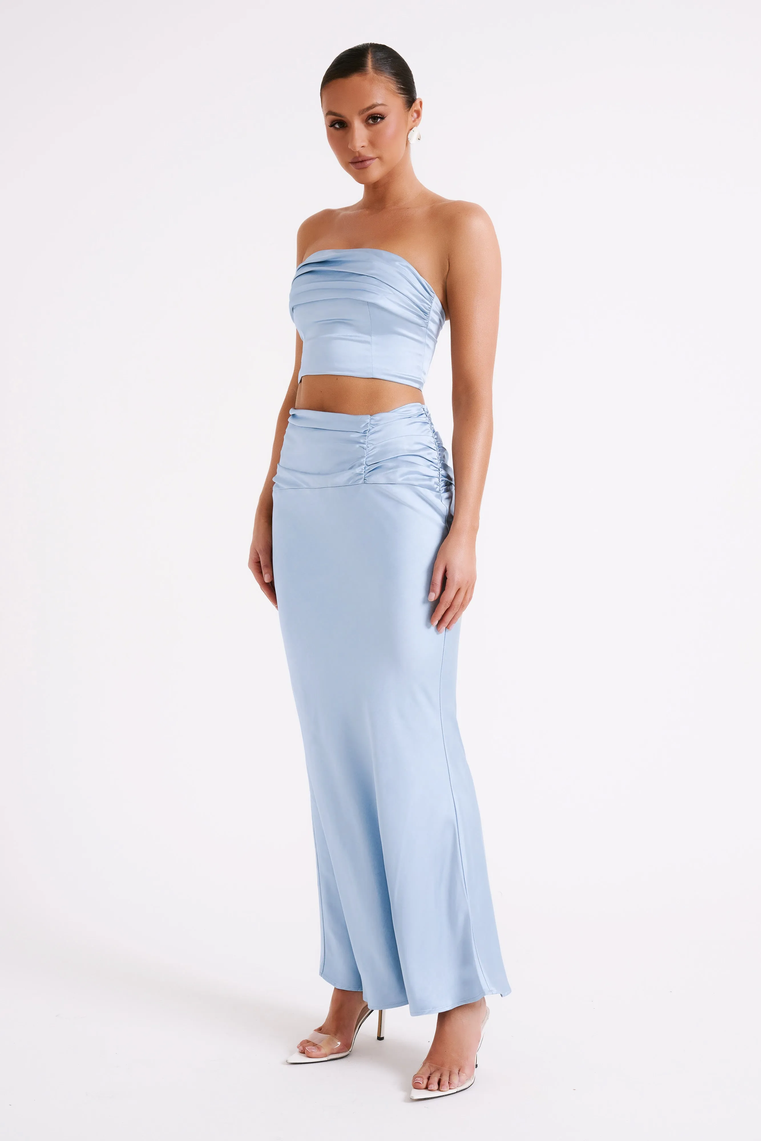 Khalani Ruched Strapless Satin Top - Ice Blue