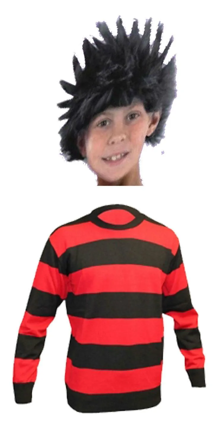 Kids Boys Knitted Black Red Striped Jumper & Spiky Black Wig Fancy Dress Set