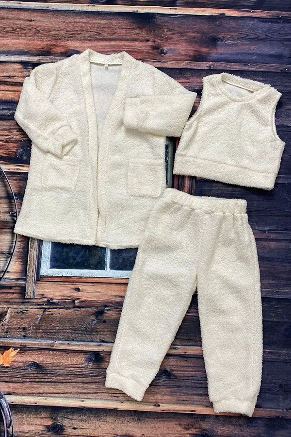 Kids Sherpa cream cardigan & top & pant 3pcs sets DLH2703