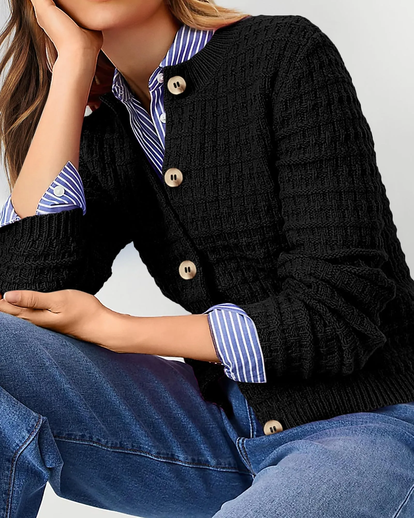 Knit Cardigan Long Sleeve Open Front Button Down Jacket