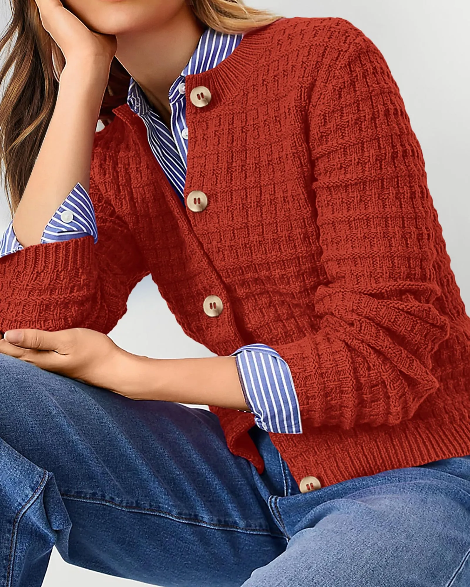 Knit Cardigan Long Sleeve Open Front Button Down Jacket