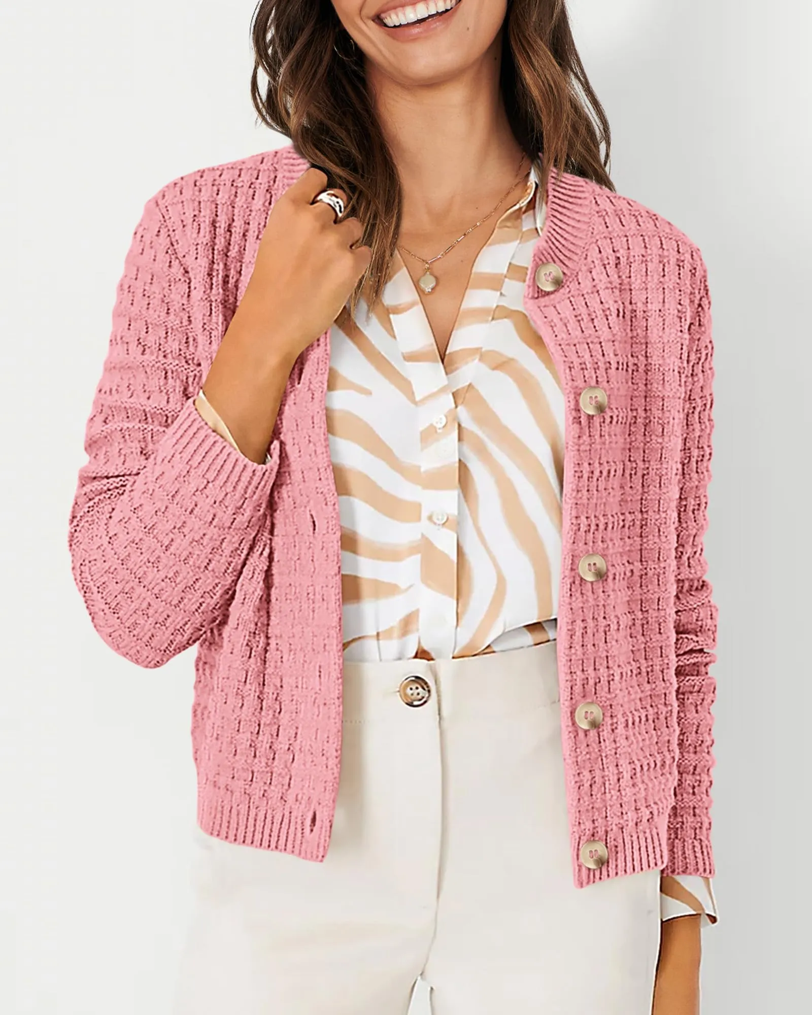 Knit Cardigan Long Sleeve Open Front Button Down Jacket