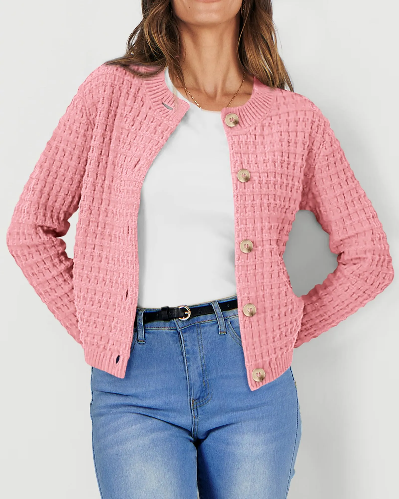 Knit Cardigan Long Sleeve Open Front Button Down Jacket