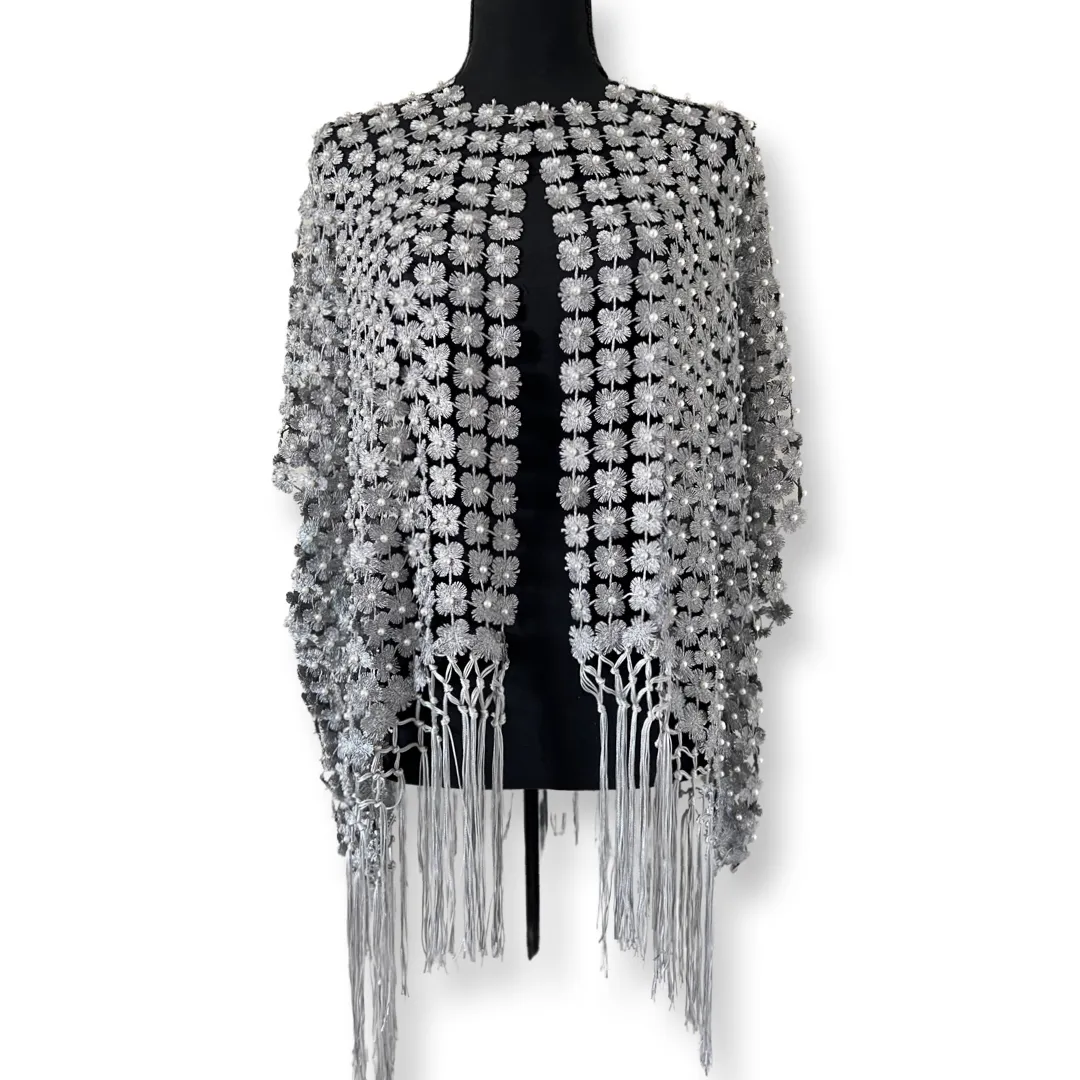 Lace coverup with all over Pearls attached and fringes (Silver)