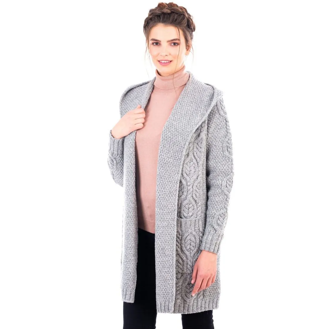 Ladies Classic Fit Long Cardigan with Hood Navy or Grey Made in Ireland