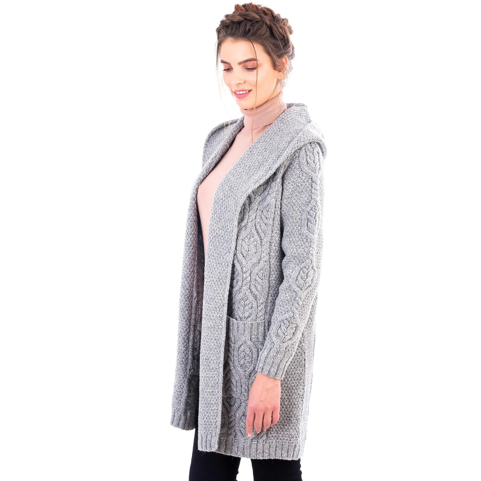 Ladies Classic Fit Long Cardigan with Hood Navy or Grey Made in Ireland