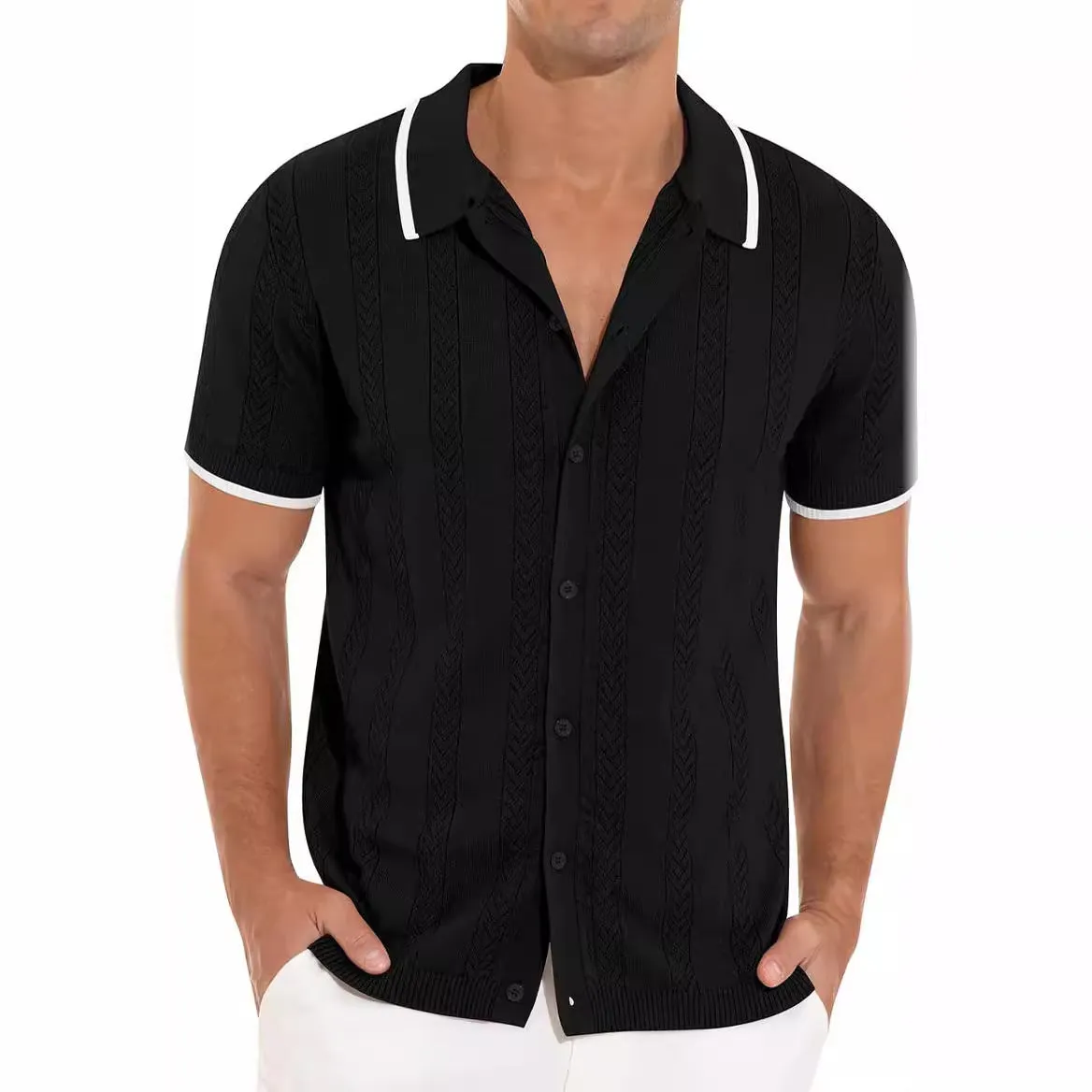 Lapel Short-sleeved Shirt Summer Fashion Casual Stitching Color Hollow Breathable Cardigan Top Men's Clothing