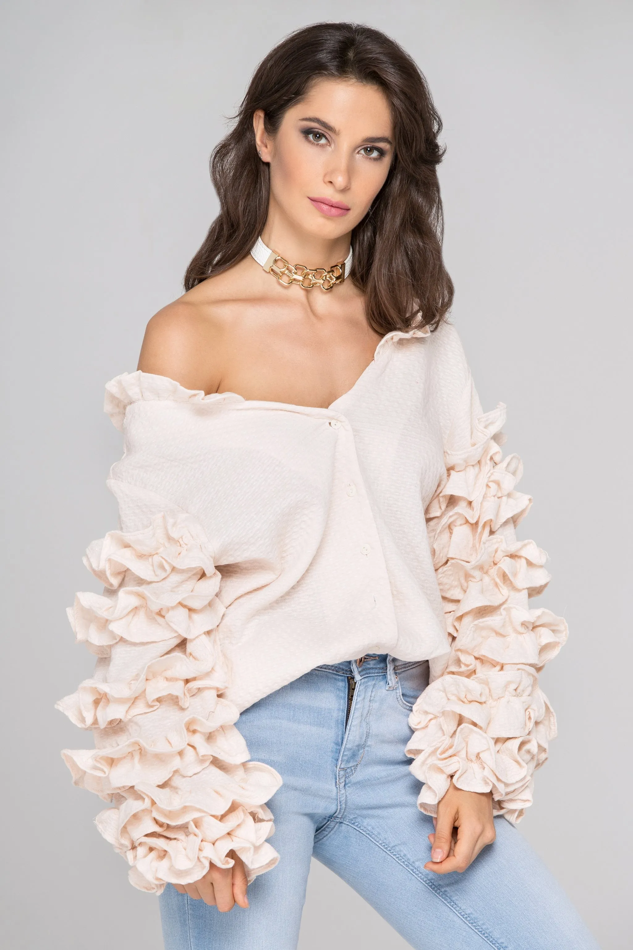 Light Peach Ruffle Sleeve Cardigan