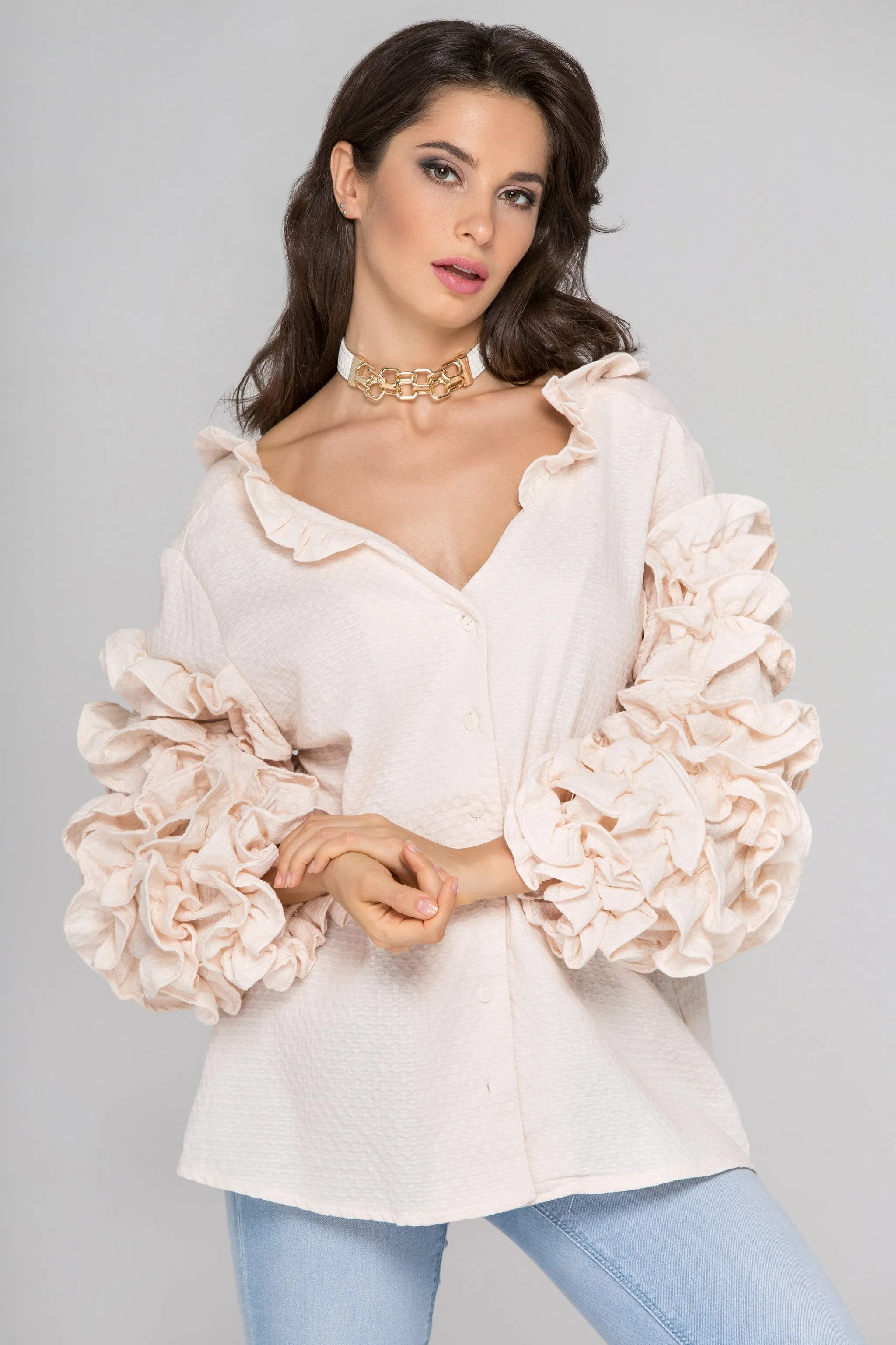 Light Peach Ruffle Sleeve Cardigan