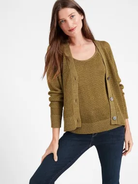 Linen-Blend Cardigan Sweater in Dark Olive Green