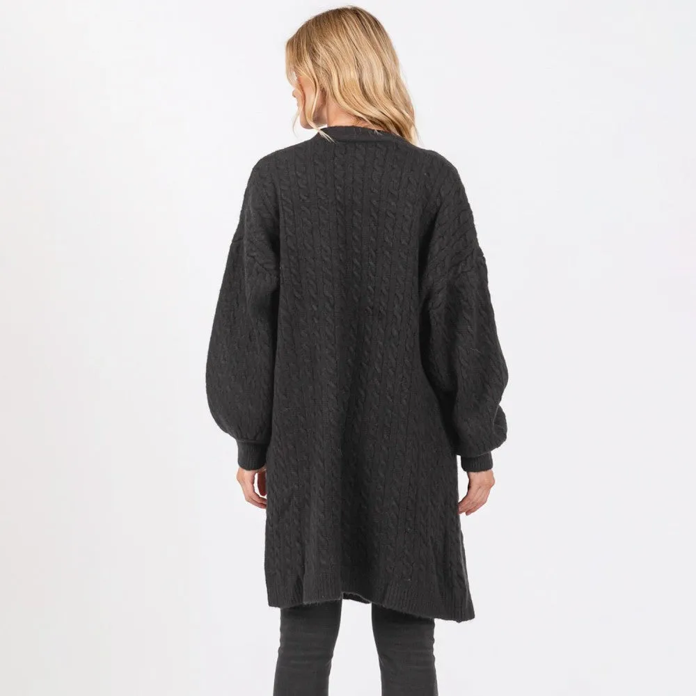 Long Cable Knit Cardigan - Black