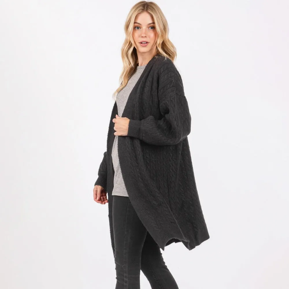 Long Cable Knit Cardigan - Black