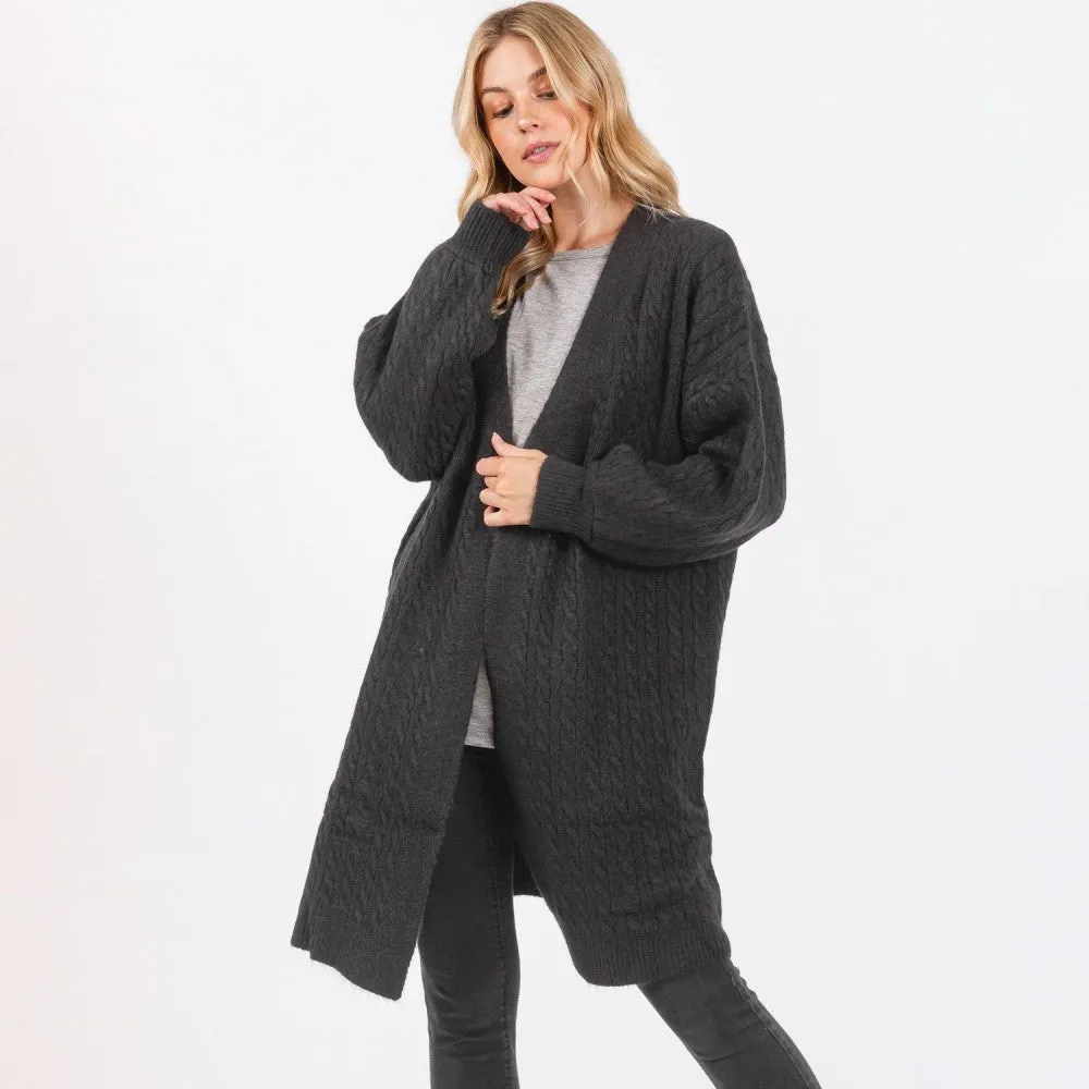 Long Cable Knit Cardigan - Black