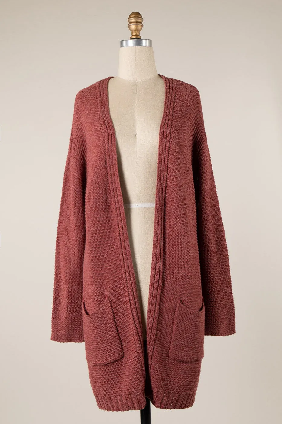 Long Sleeve Ribbed Trim Cable Knit Cardigan