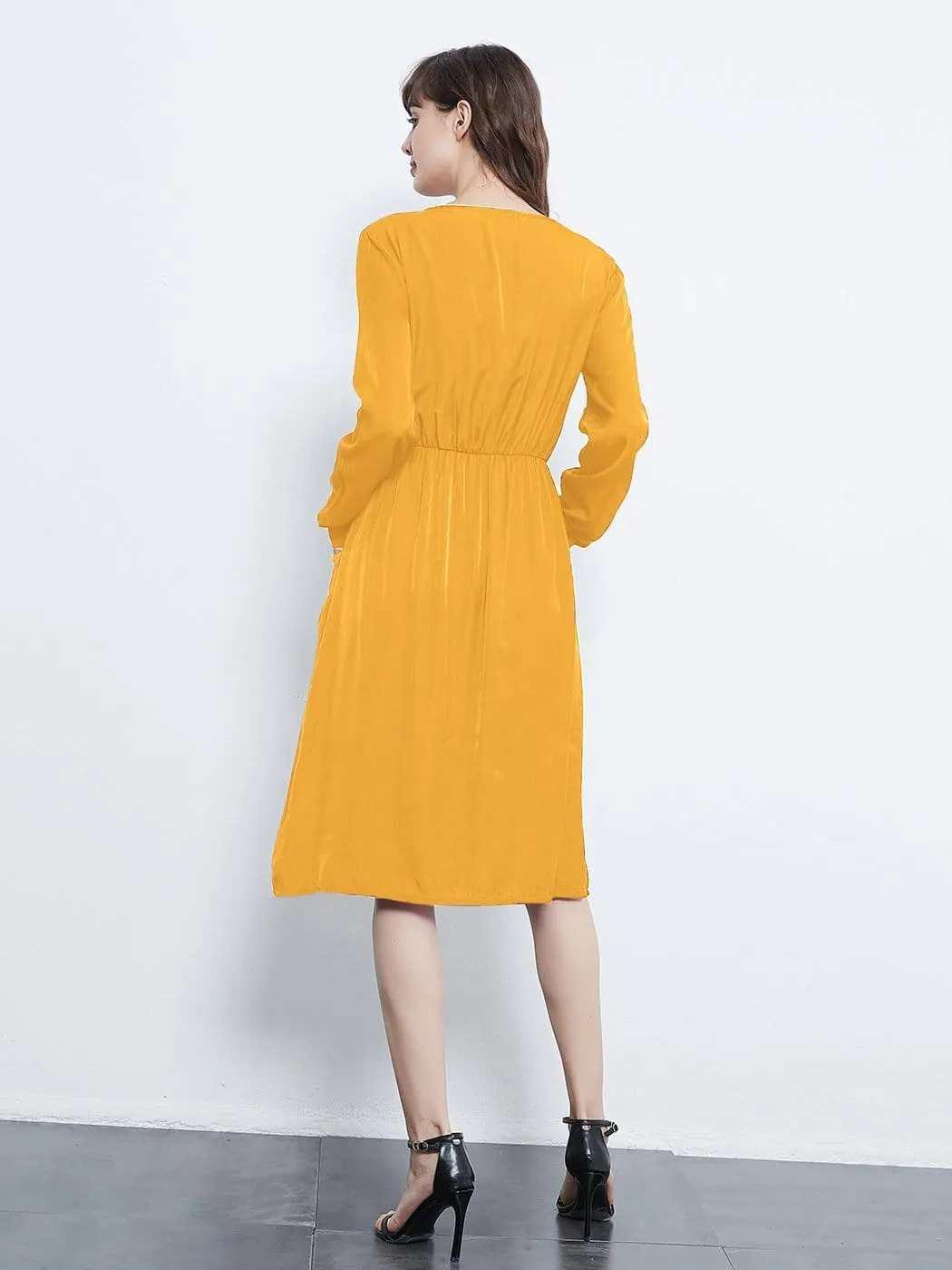 Long Sleeve Round Neck Button Dress With Pockets