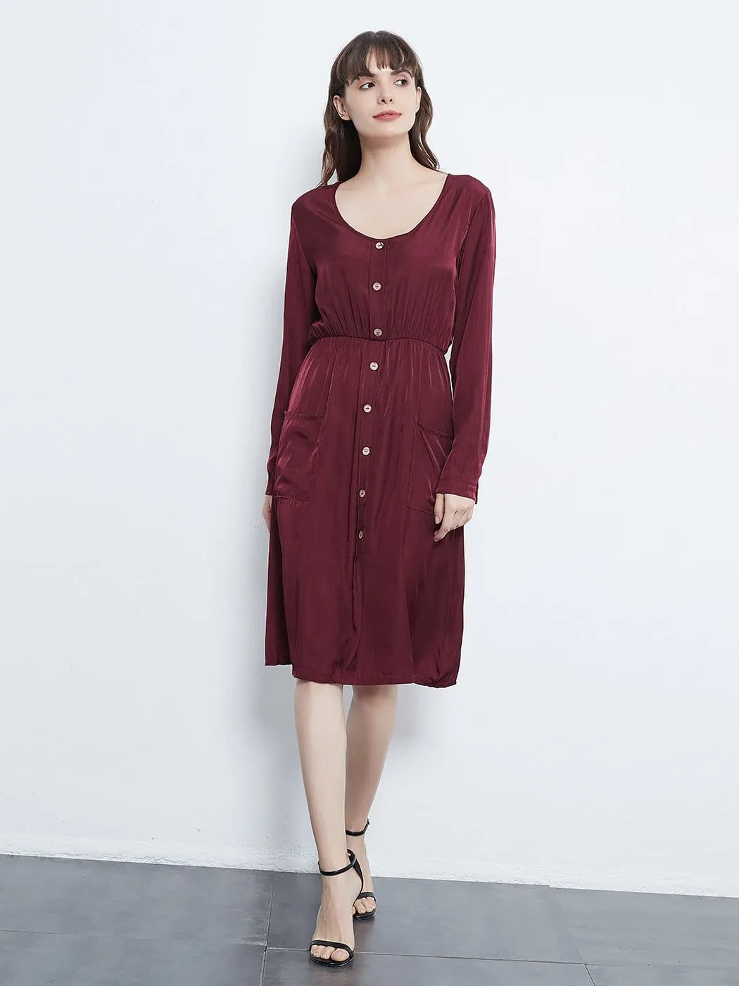 Long Sleeve Round Neck Button Dress With Pockets