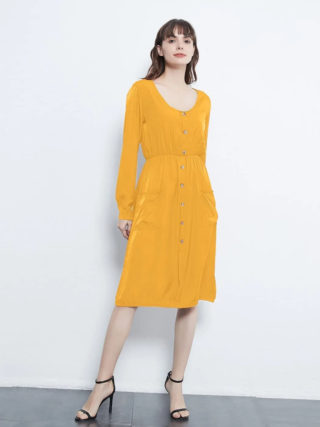 Long Sleeve Round Neck Button Dress With Pockets